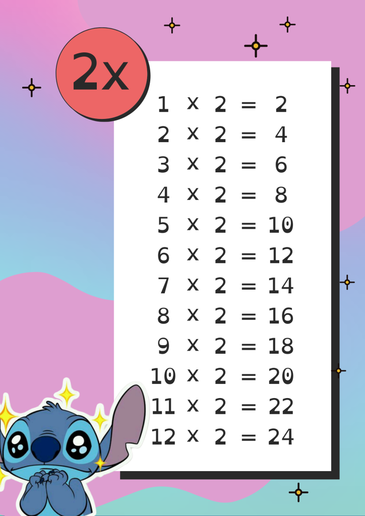 Tabuada do 2 com o Stitch para imprimir