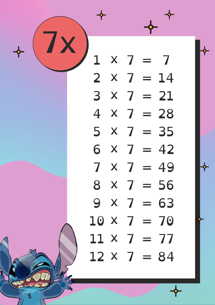 Tabuada do 7 com o Stitch para imprimir
