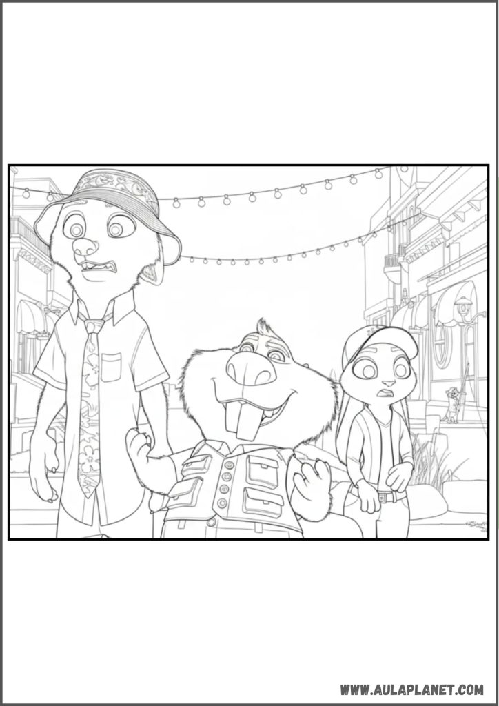 Gambar mewarnai Zootopia 2 – Nibbles Maplestick, Nick, dan Judy