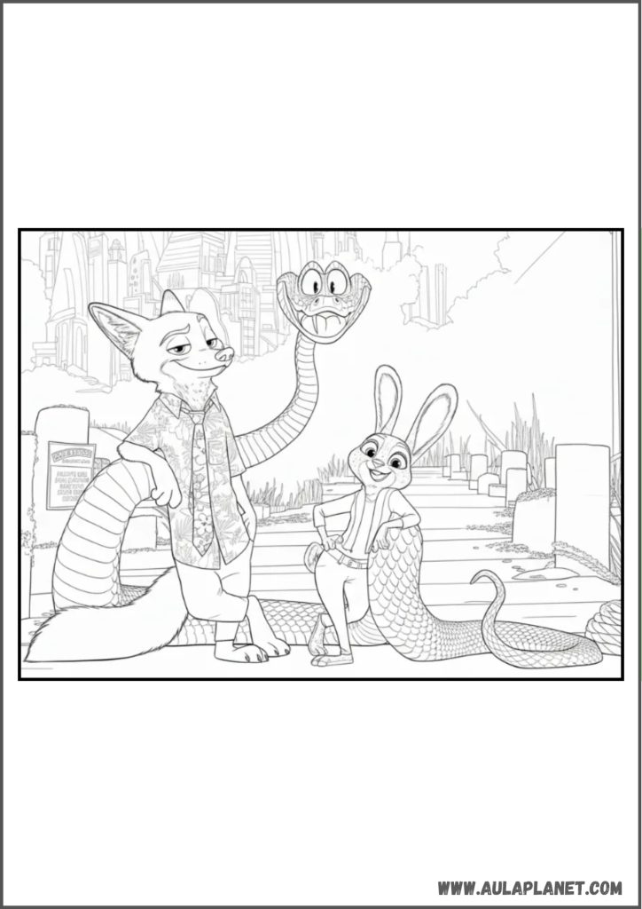 Gambar mewarnai Zootopia 2 – Nick, Judy, dan Gary