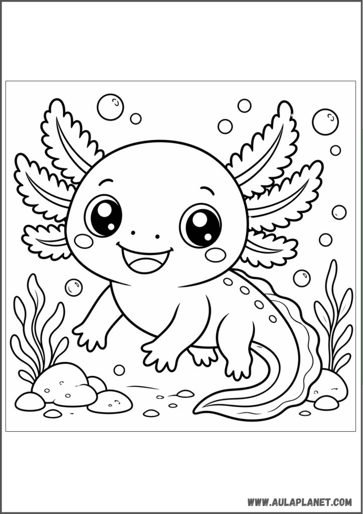 Cartoon Axolotl with Big Eyes Coloring Page