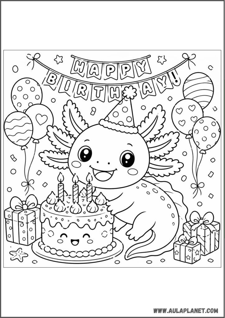 Birthday Axolotl Coloring Page