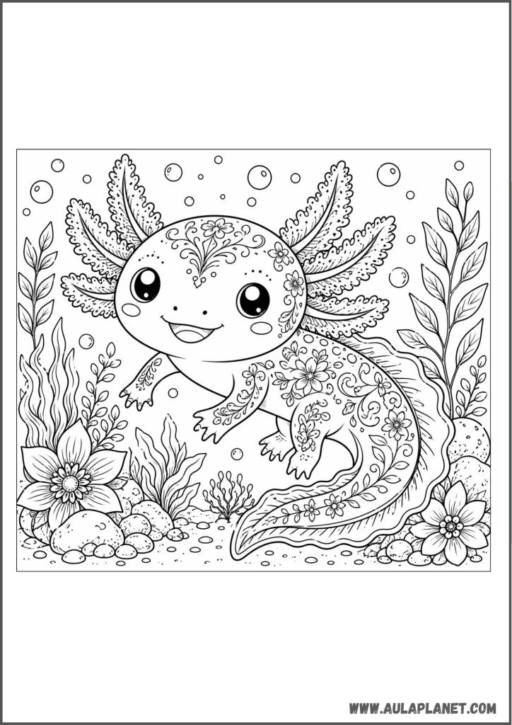 Decorative Axolotl with Flowers Coloring Page