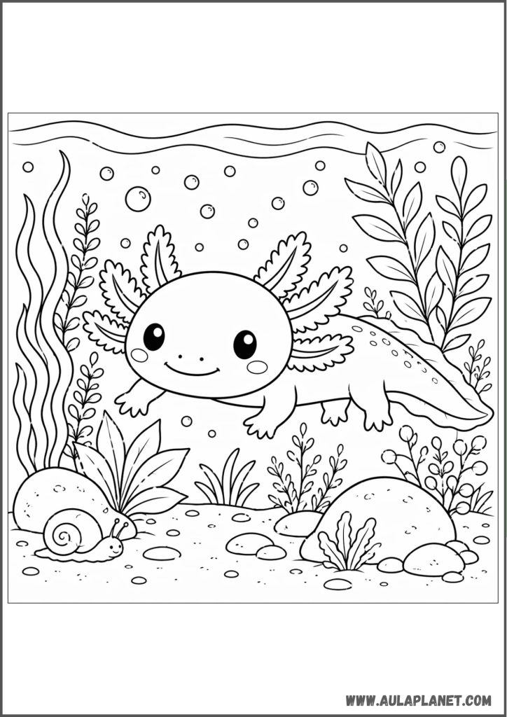 Axolotl in Lake with Plants Coloring Page