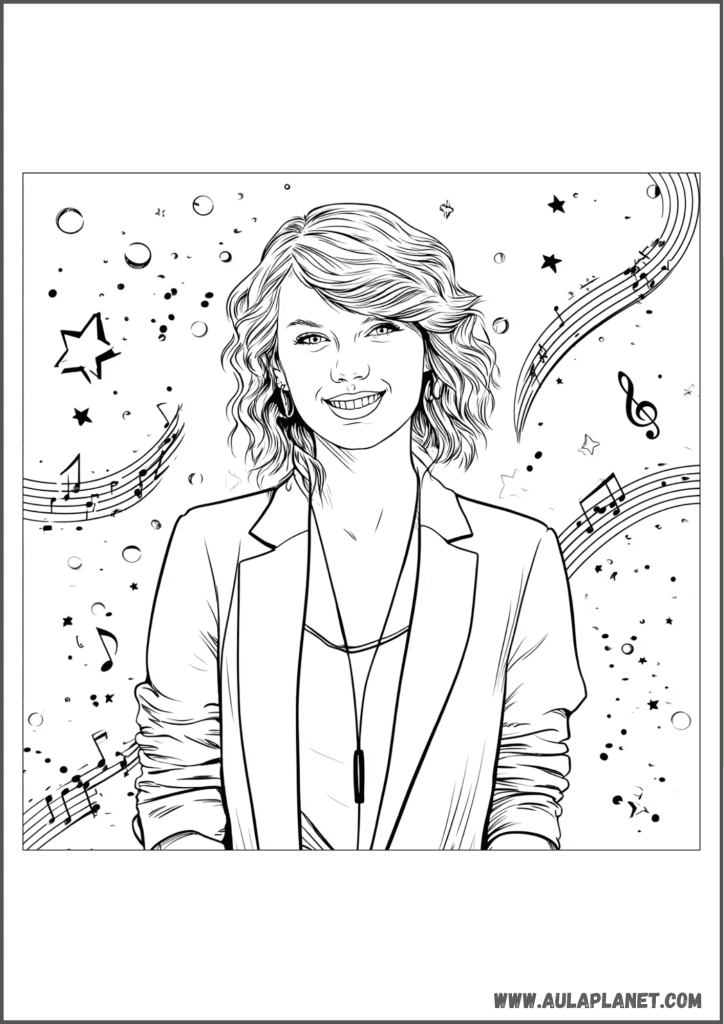 Taylor Swift con estrellas y notas musicales para colorear