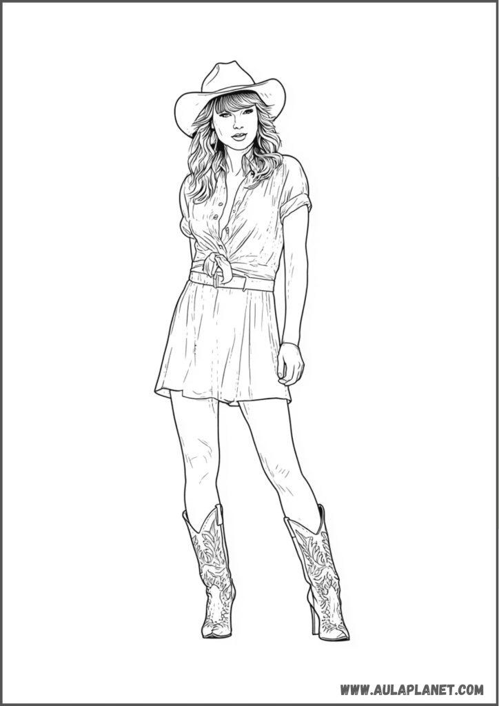Taylor Swift estilo country con sombrero para colorear