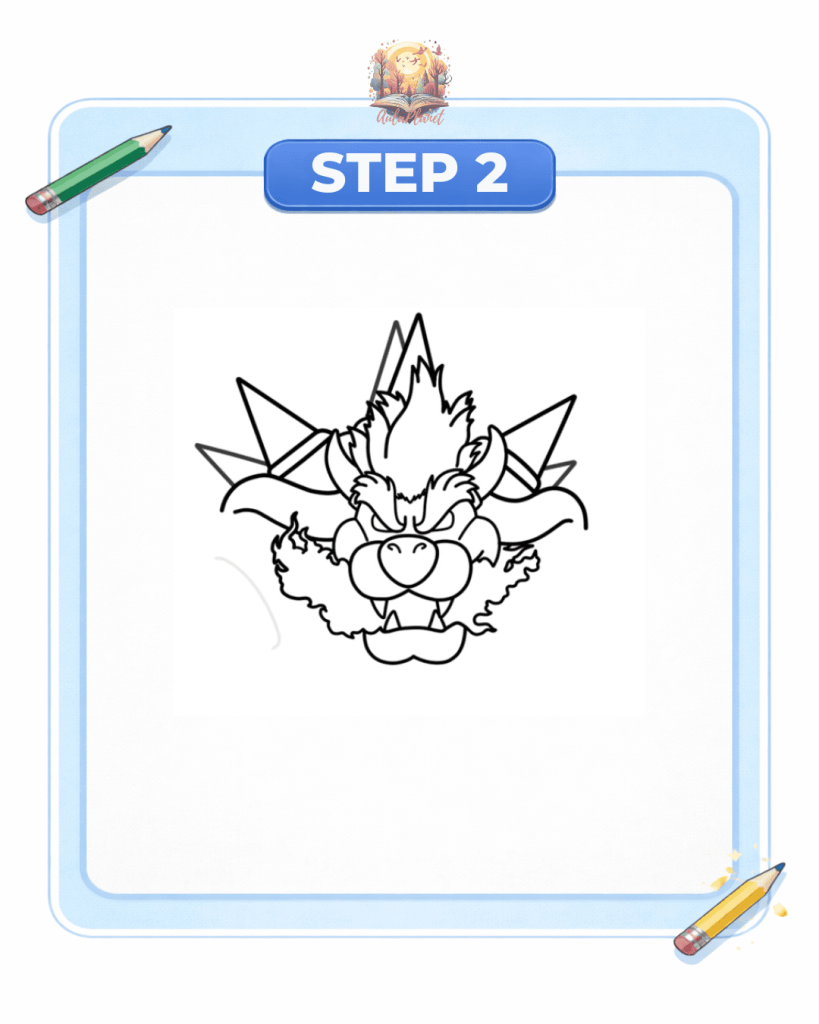 como dibujar bowser furioso paso 2 cuernos pelo fuego caparazon