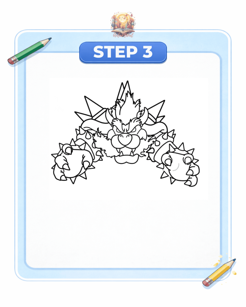 como dibujar bowser furioso paso 3 brazos puños manos pinchos