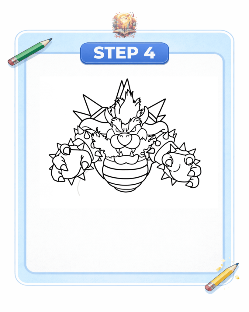 como dibujar bowser furioso paso 4 pecho barriga cuerpo rayas