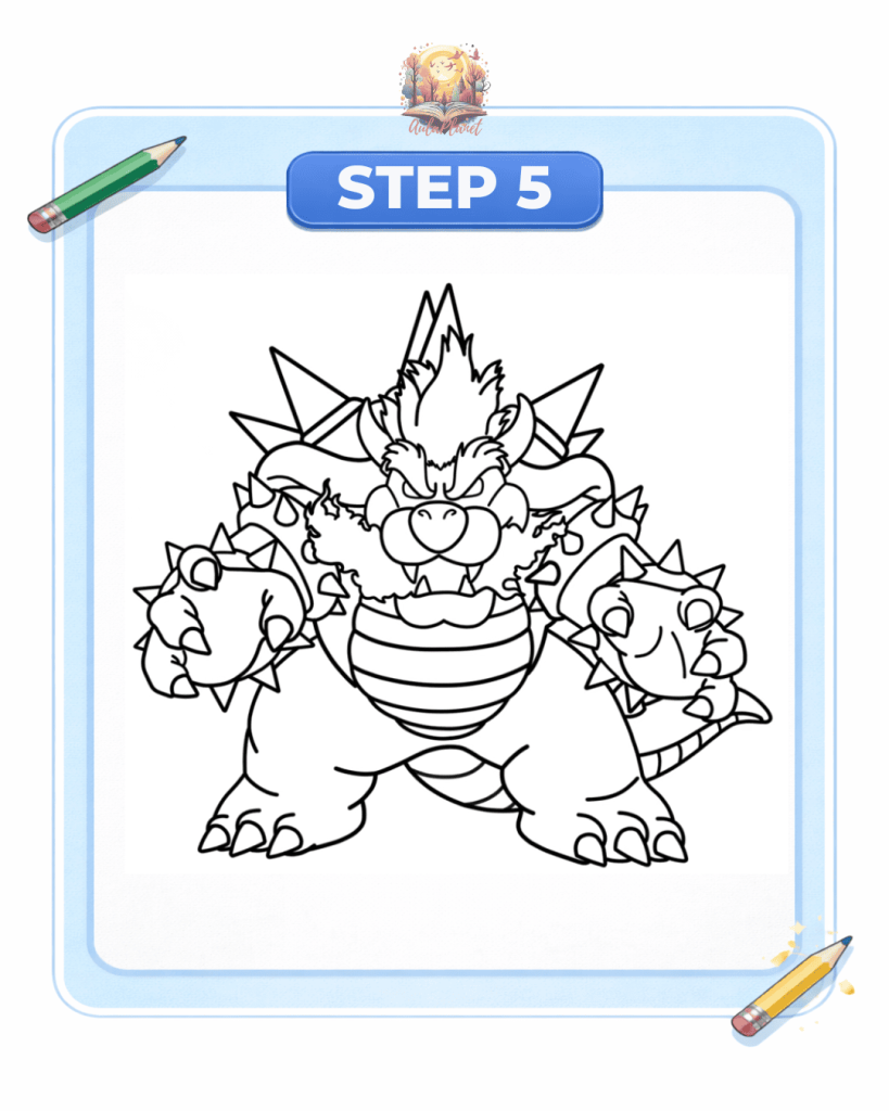como dibujar bowser furioso paso 5 piernas cola garras dibujo final