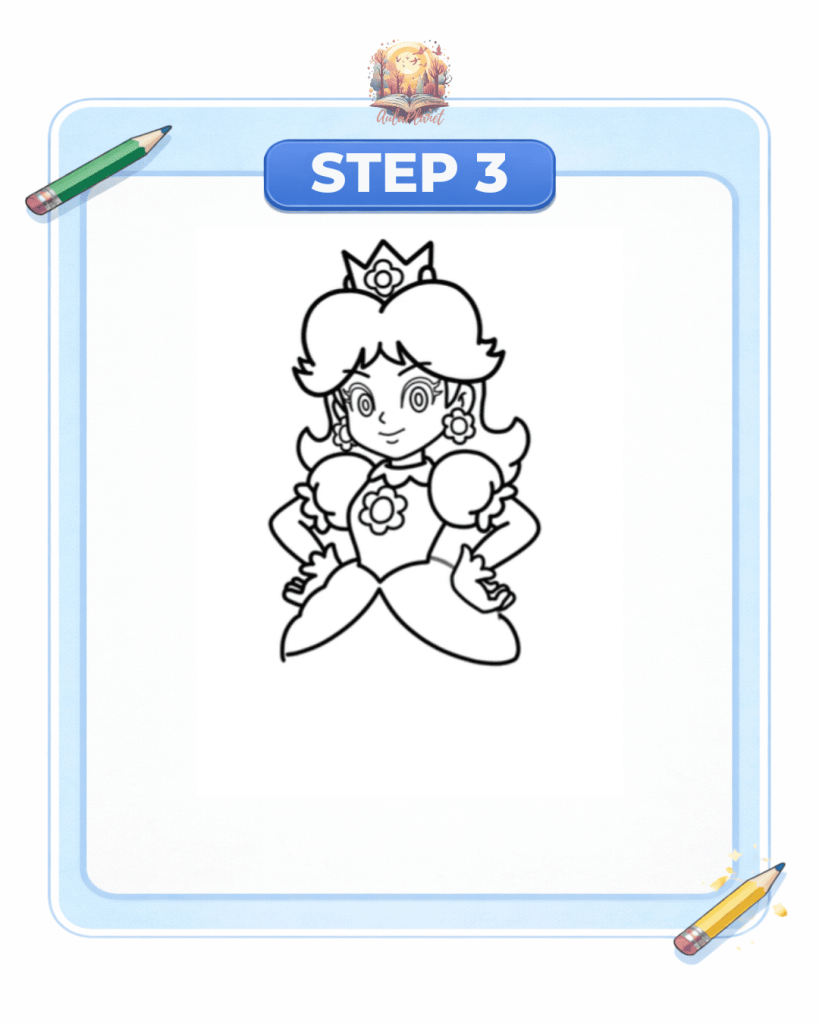 how to draw princess daisy step 3 body hands upper dress