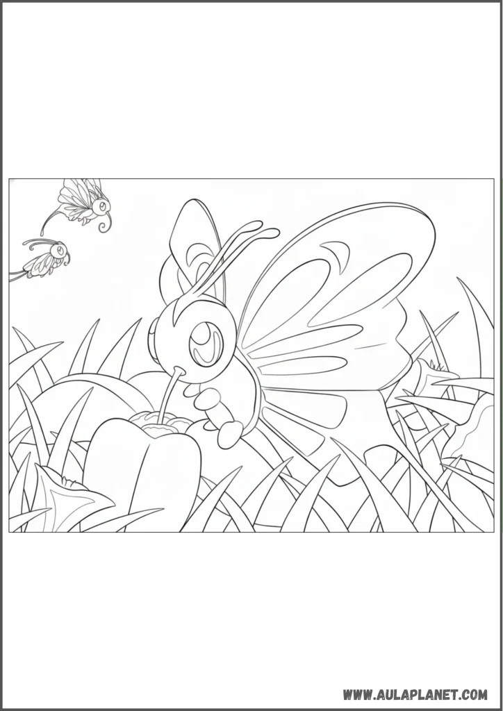 Beautifly comiendo encima de una flor para colorear