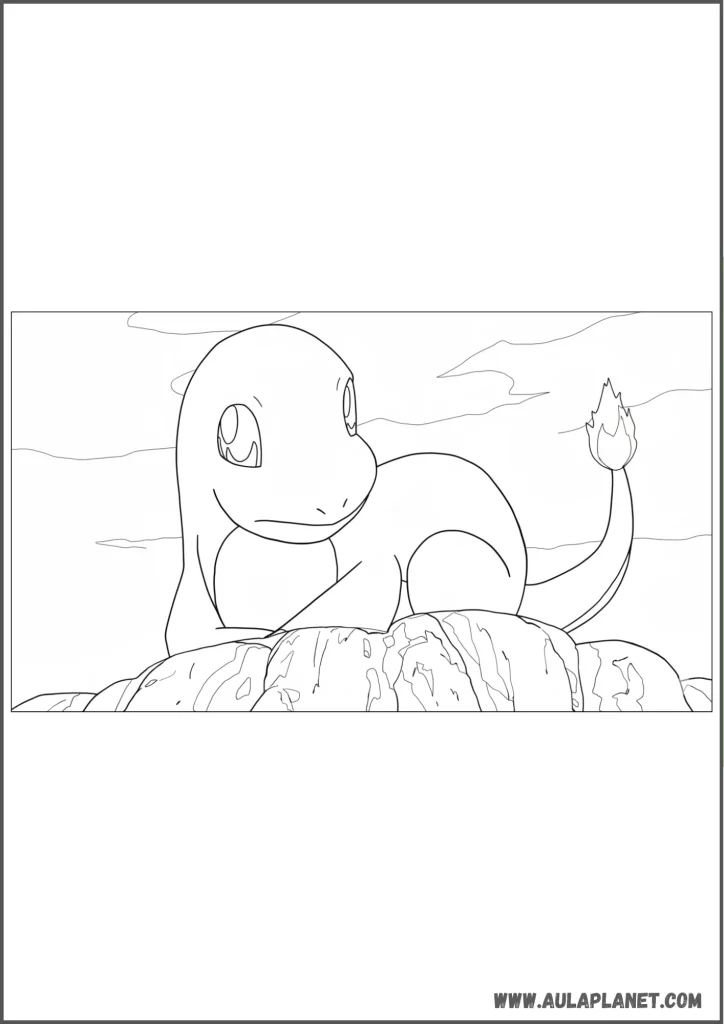 Charmander tumbado en una roca para colorear