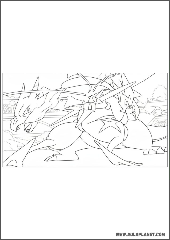 Greninja en combate con Charizard para colorear