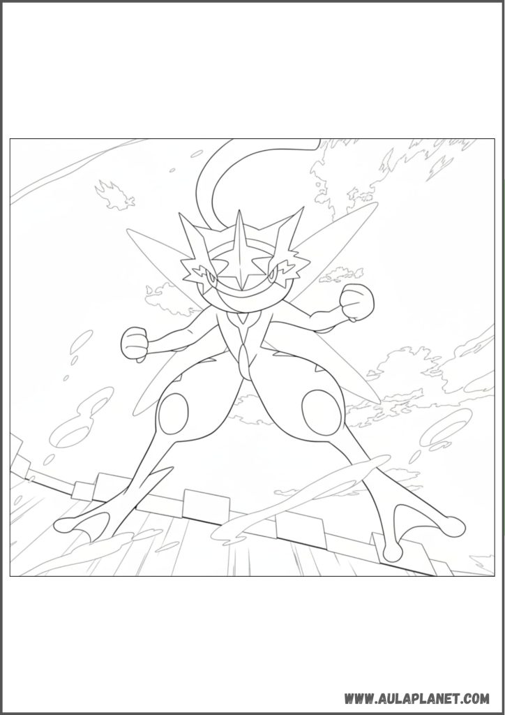 Greninja en combate con efectos de agua para colorear