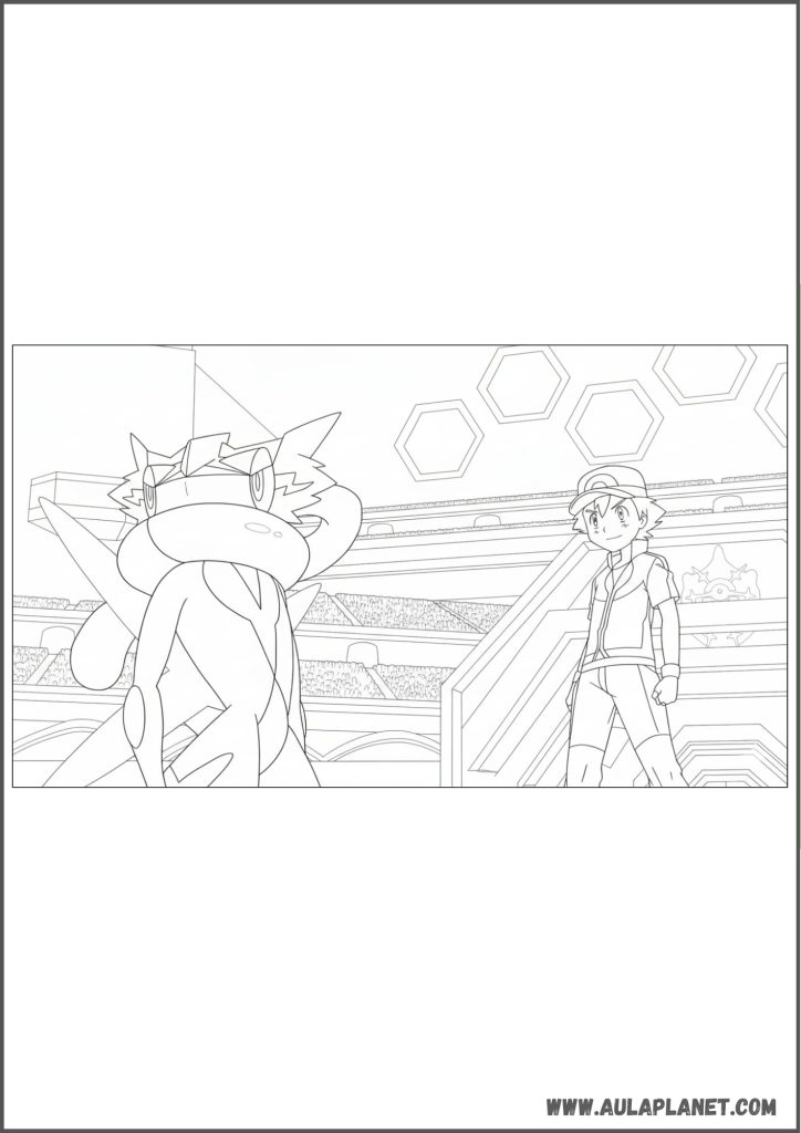 Greninja en estadio Pokémon para colorear
