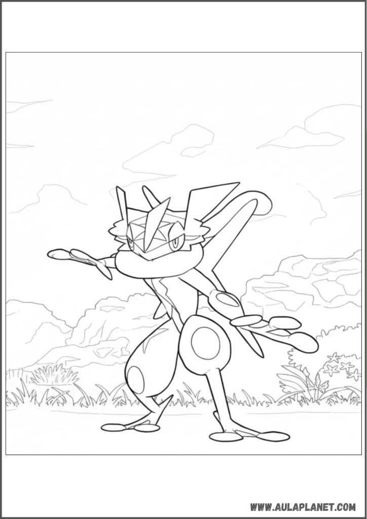 Greninja en paisaje natural para colorear
