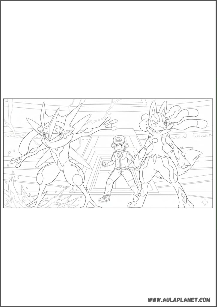 Greninja y Lucario en batalla para colorear