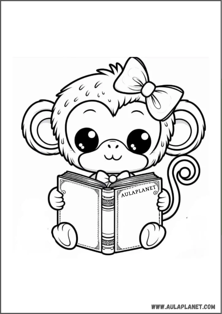 girl monkey reading a book coloring page