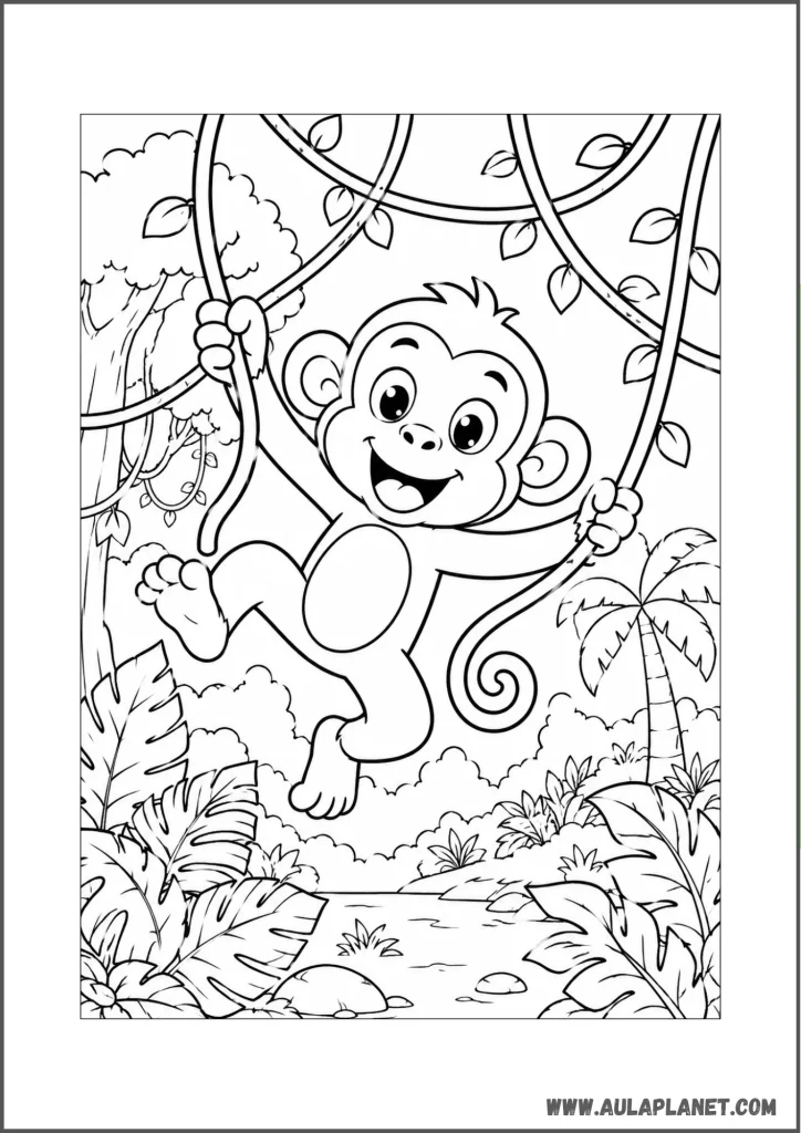 monkey swinging on vines coloring page