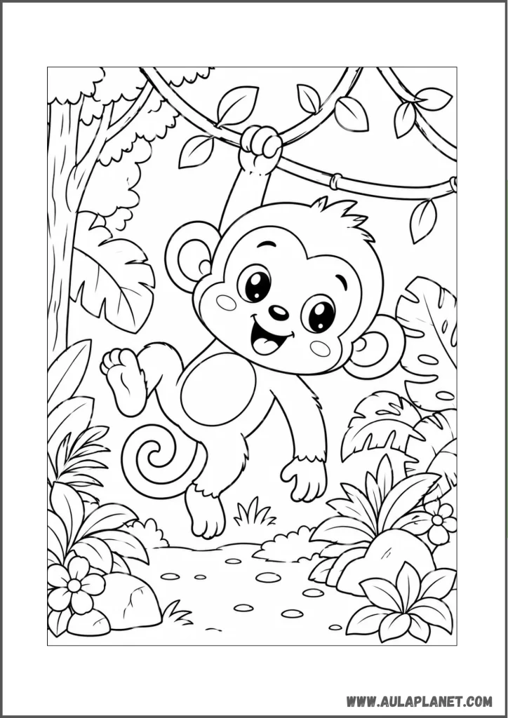 kawaii monkey in the jungle coloring page
