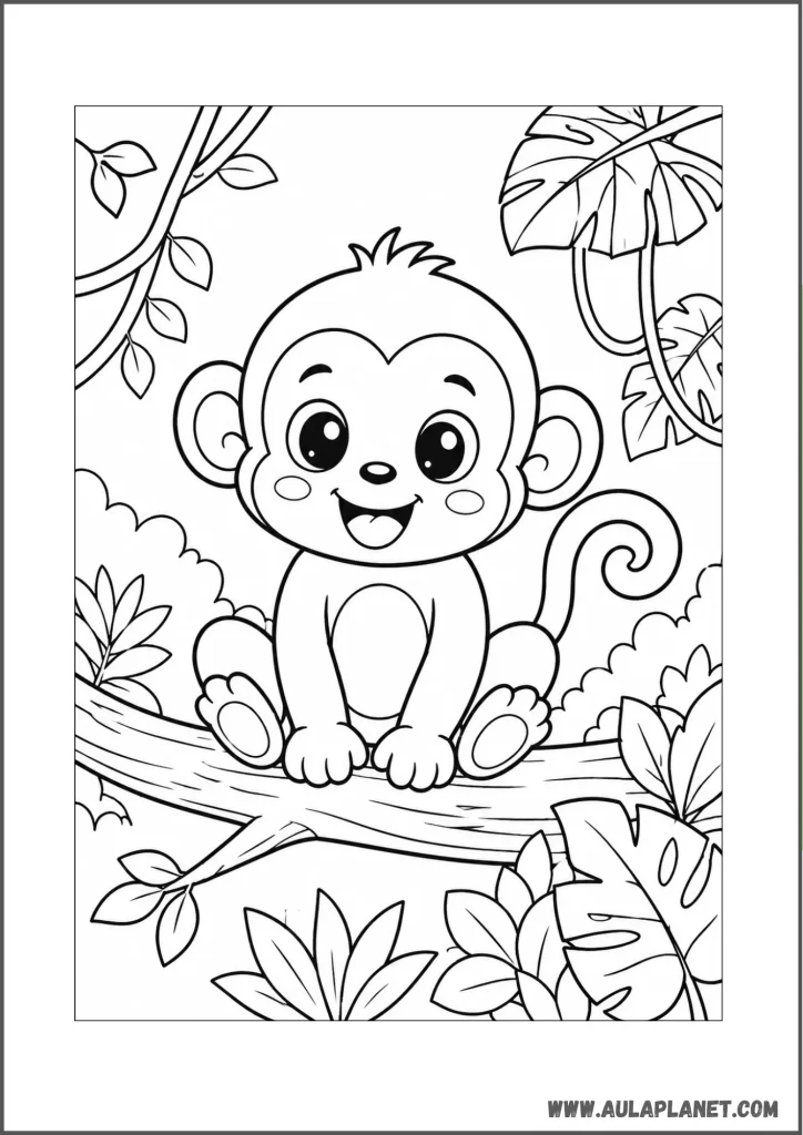 kawaii monkey on branch coloring page