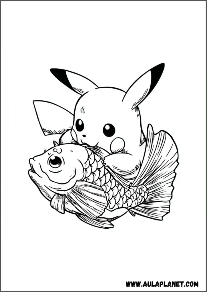 Pikachu comiendose un pescado para colorear