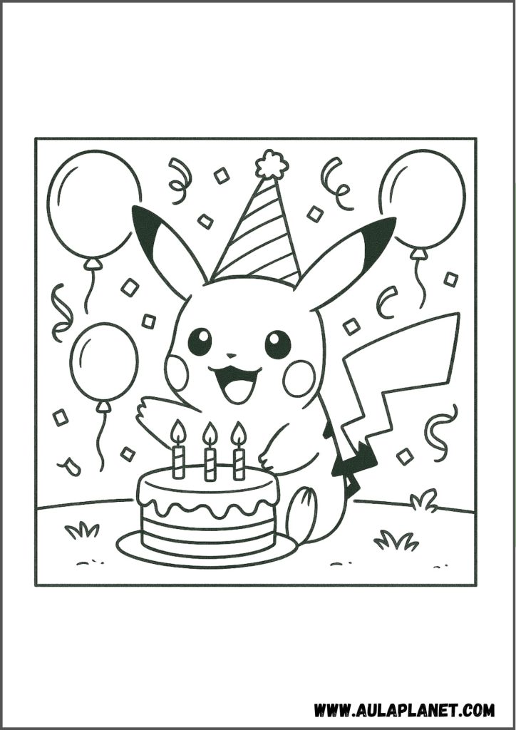 Pikachu con una tarta de cumpleaños para colorear