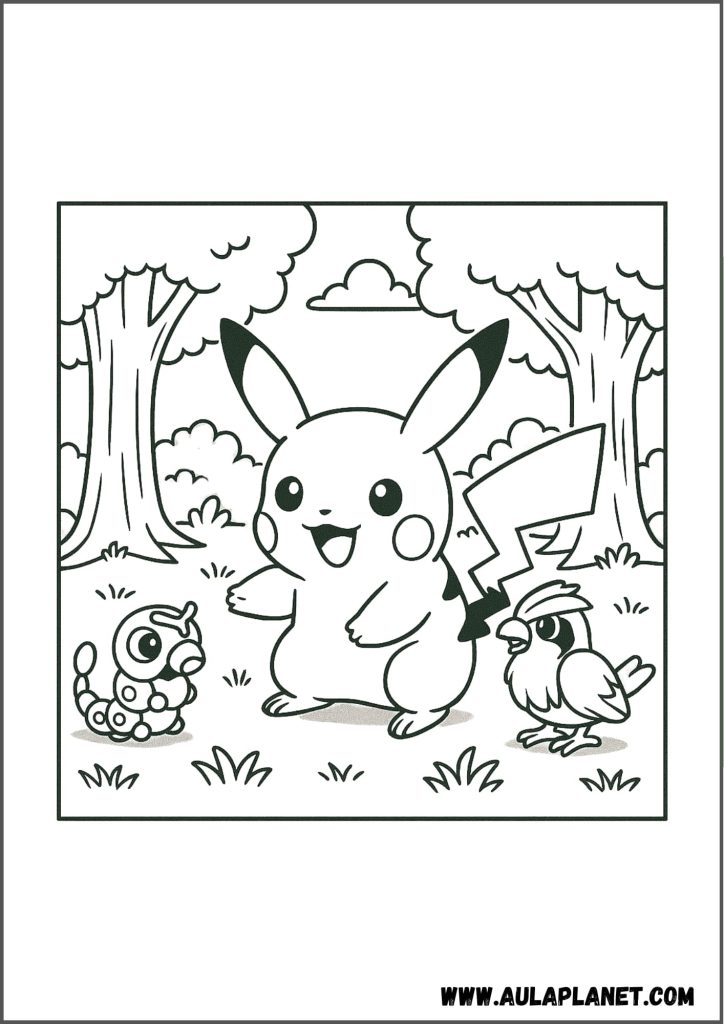 Pikachu en el bosque con otros pokemon para colorear