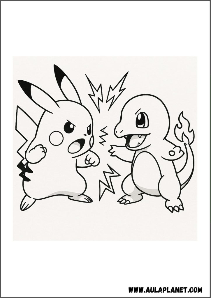 Pikachu luchando contra charmander para colorear