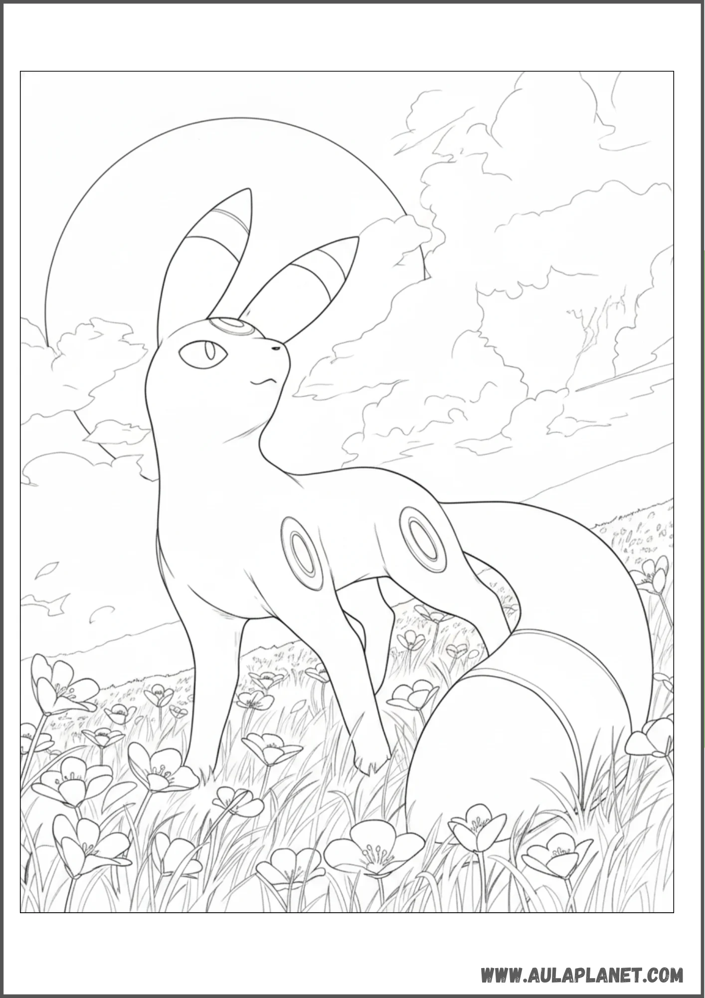 Umbreon con flores y luna llena para colorear