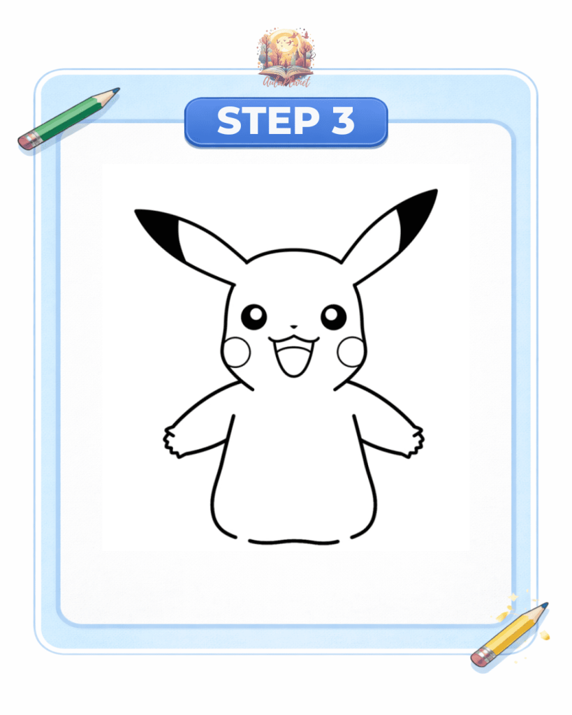 comment dessiner pikachu étape 3 corps bras pokemon