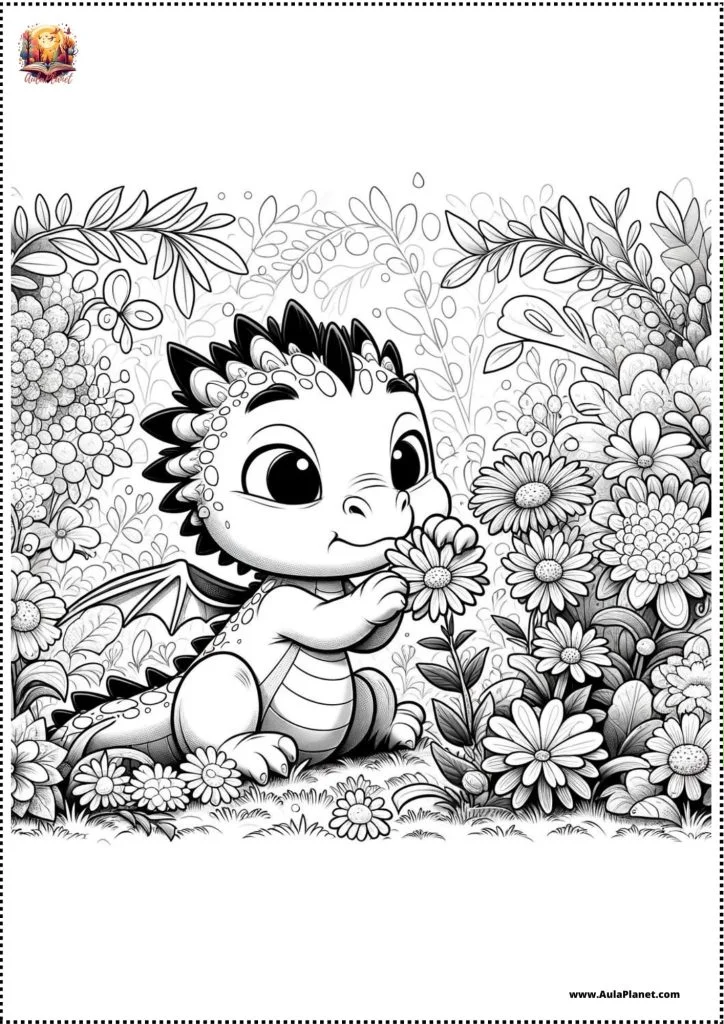 Bébé dragon parmi les fleurs à colorier