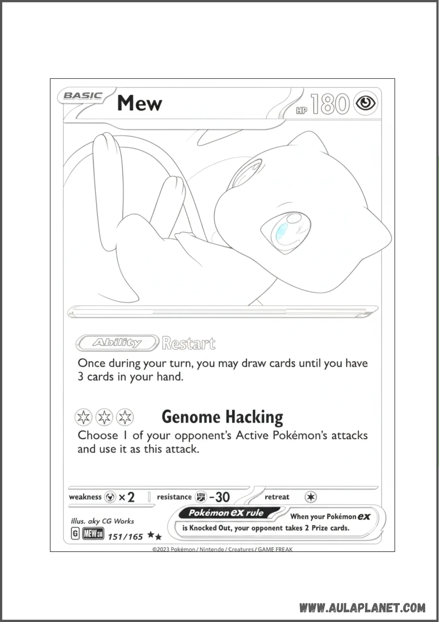 Dibujo de la carta Pokémon Mew con la habilidad Restart para colorear