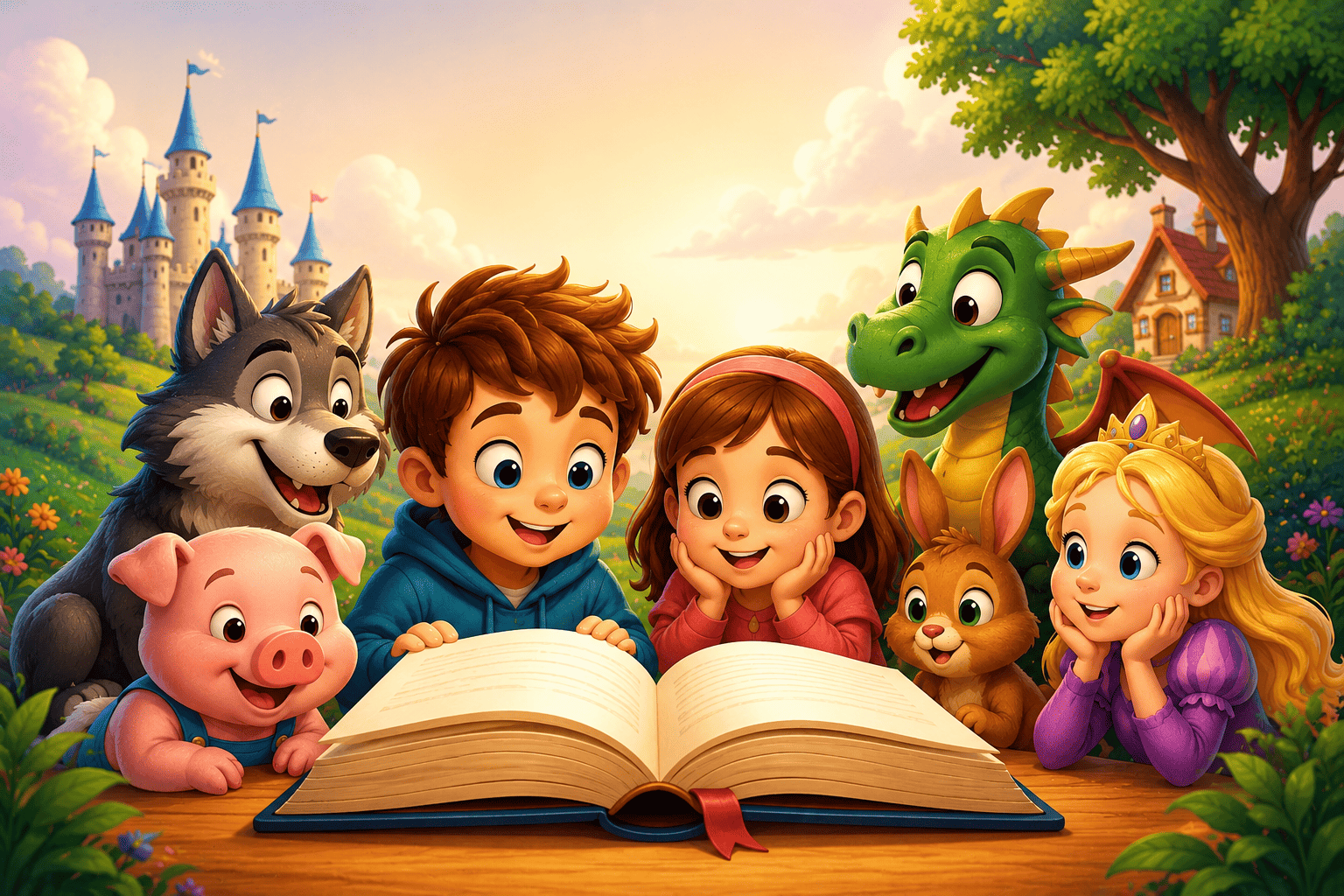 Niños leyendo cuentos infantiles junto a personajes de fantasía y animales