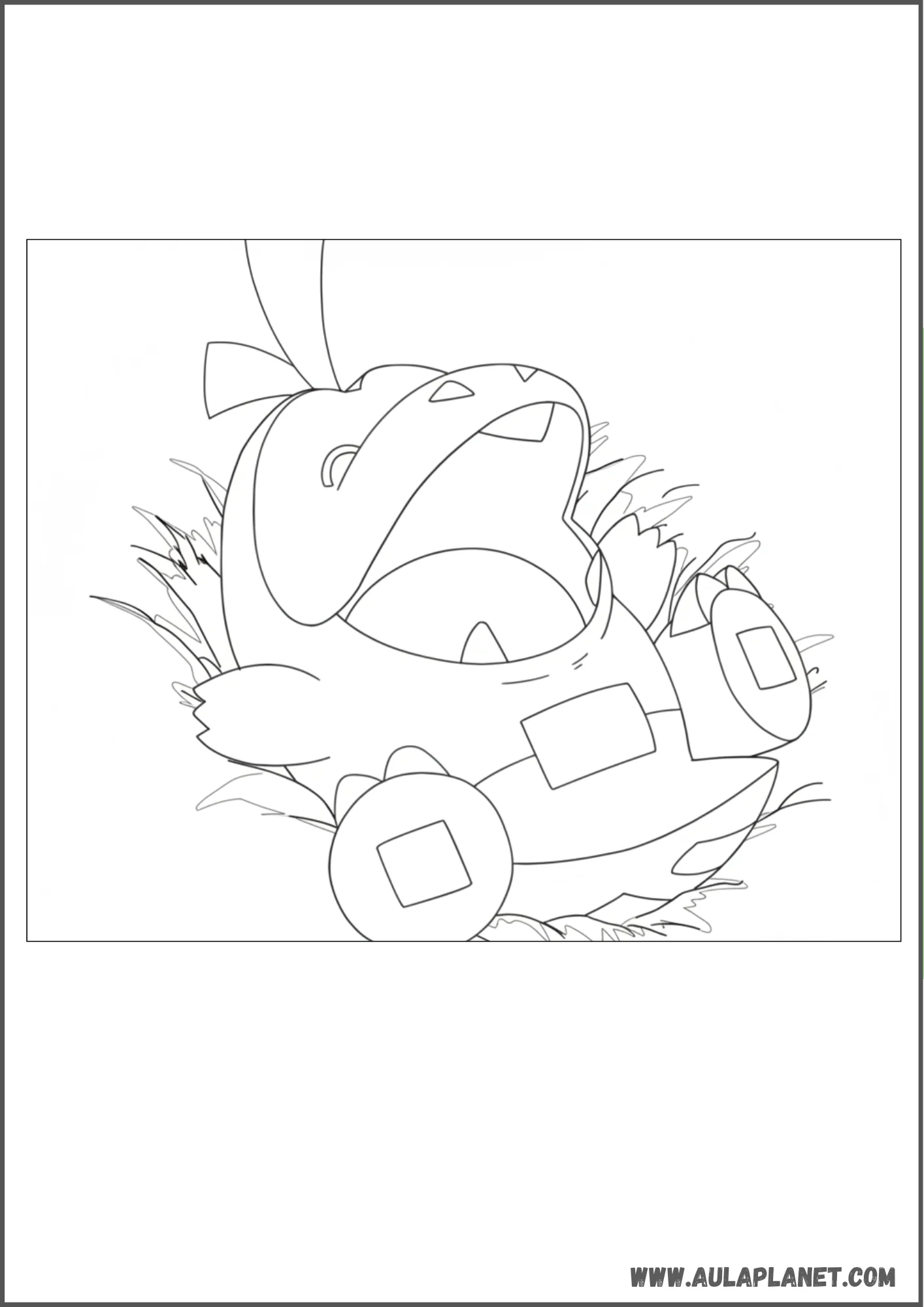 Dibujo de Fuecoco descansando sobre la hierba para colorear