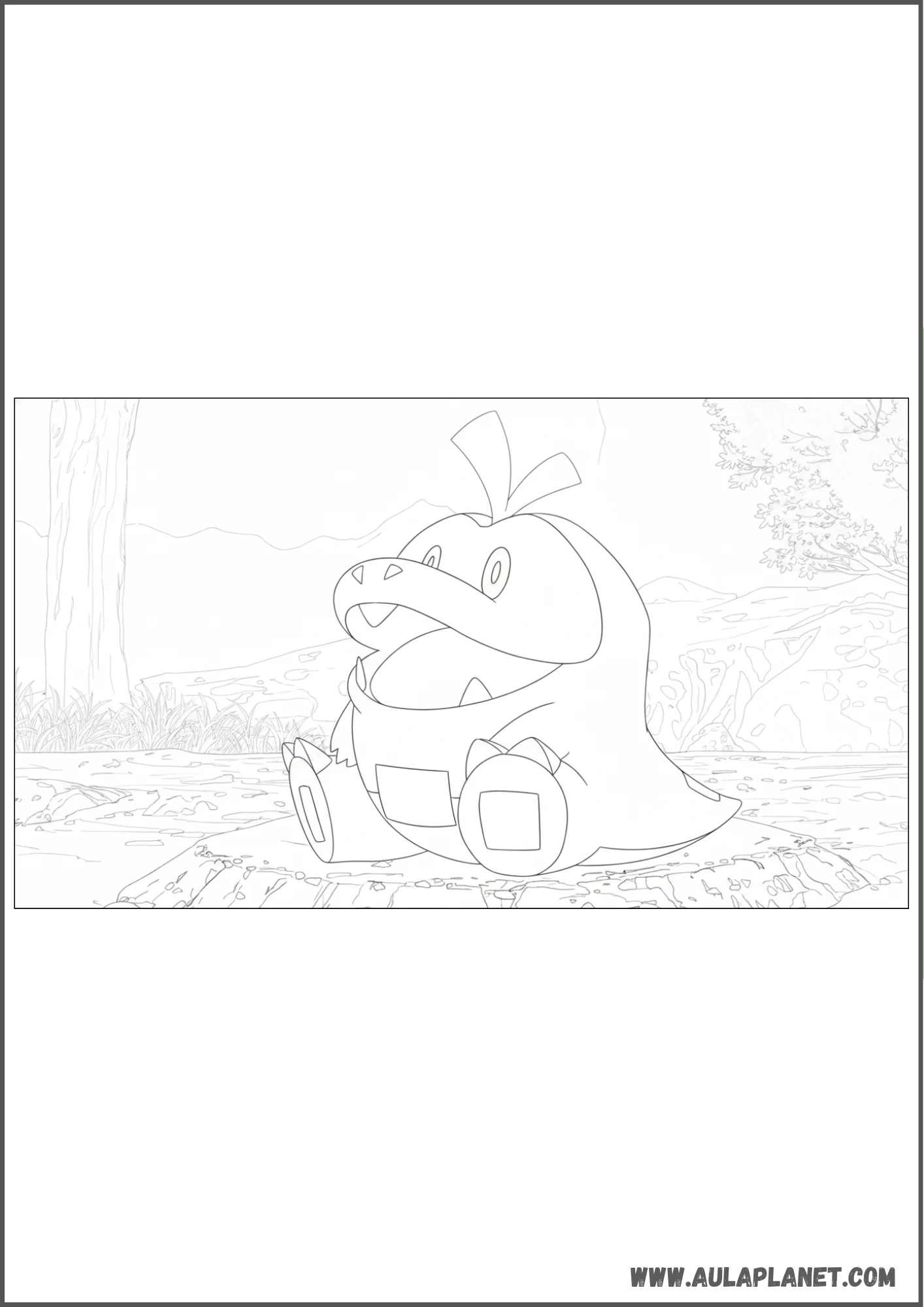 Dibujo de Fuecoco sentado en un paisaje natural para colorear