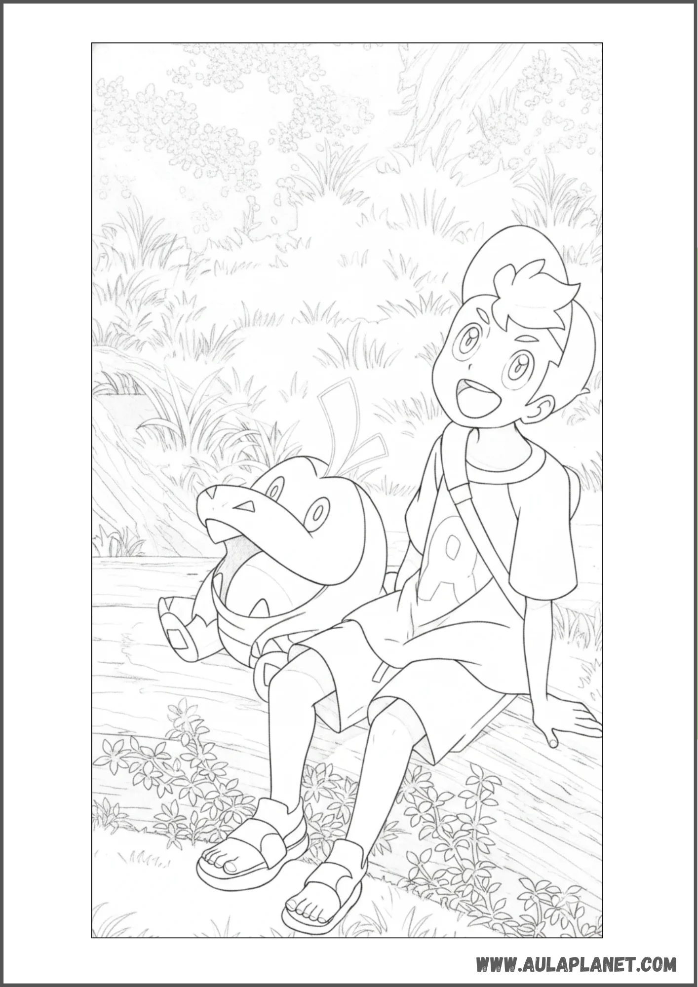Dibujo de Fuecoco y Rod descansando en el bosque para colorear