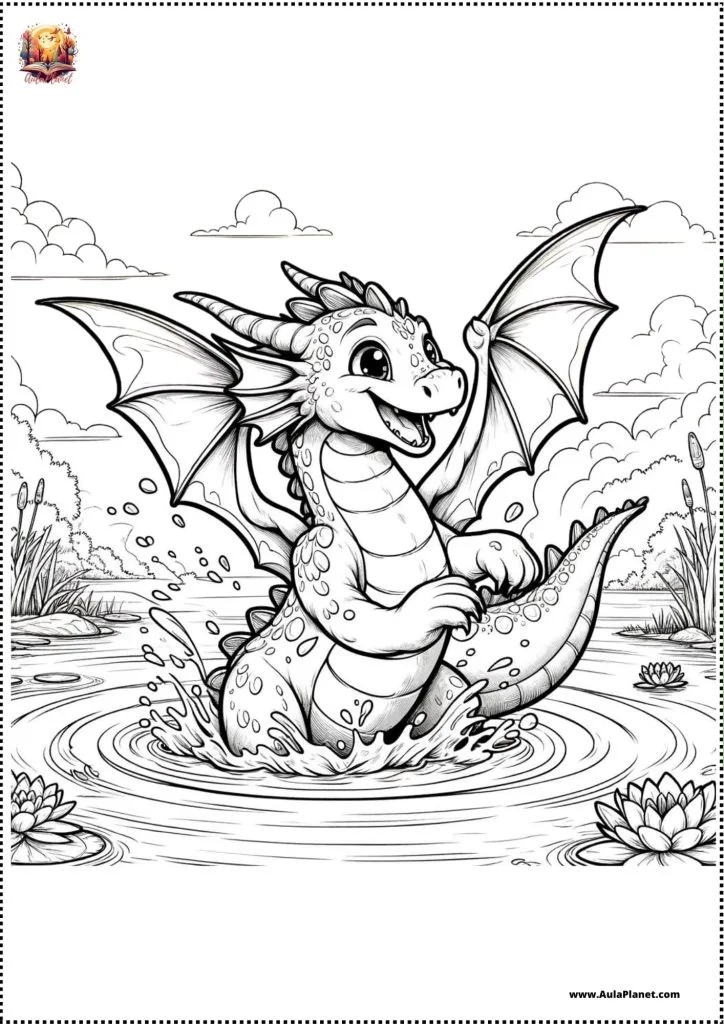Dragon qui éclabousse dans le lac à colorier