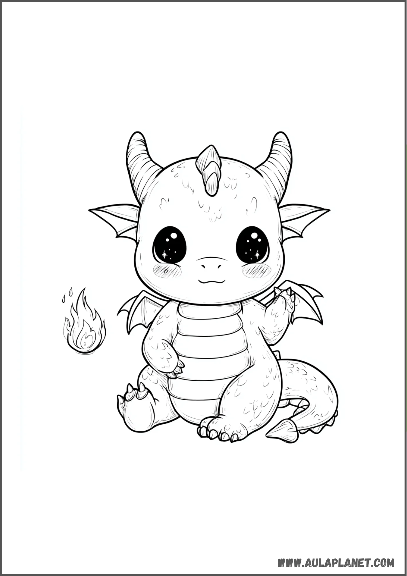 Dragon kawaii avec une petite flamme à colorier