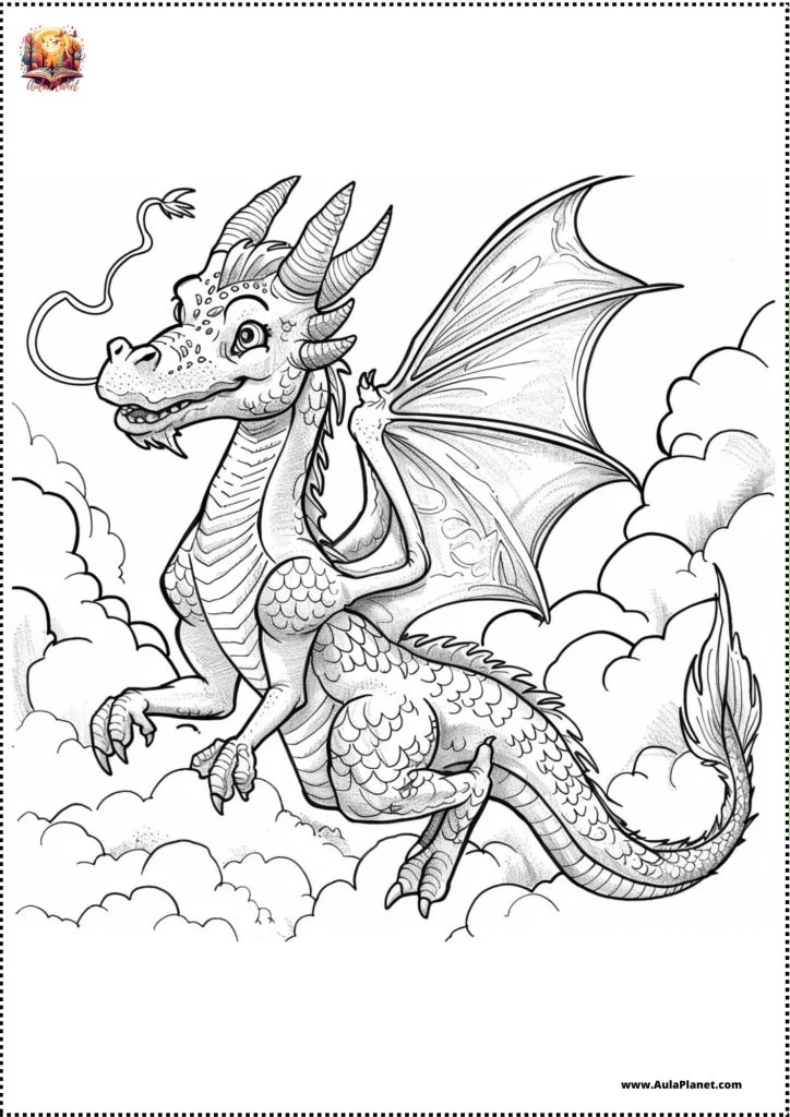 Dragon volant parmi les nuages à colorier
