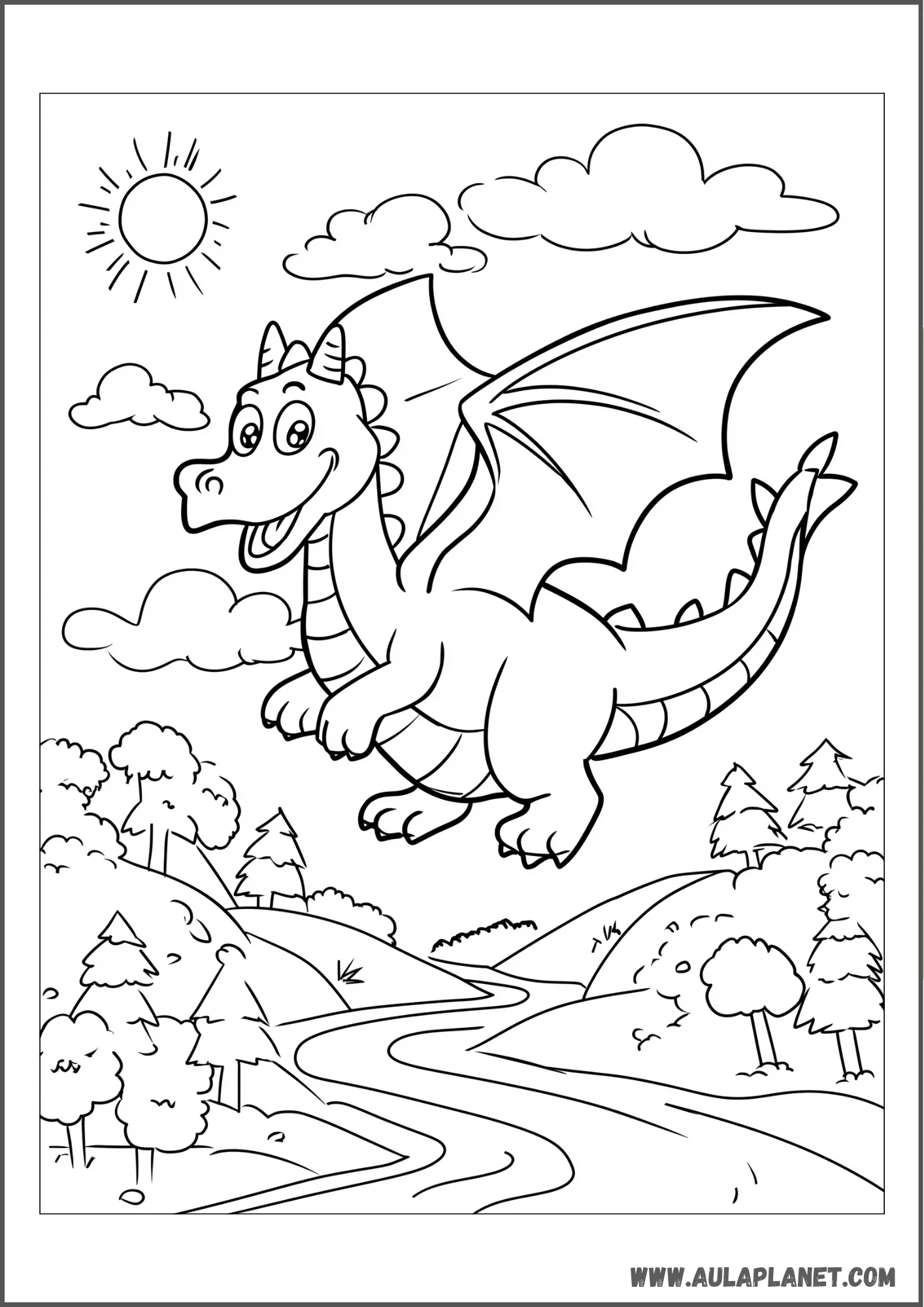 Dragon volant au-dessus de la vallée à colorier