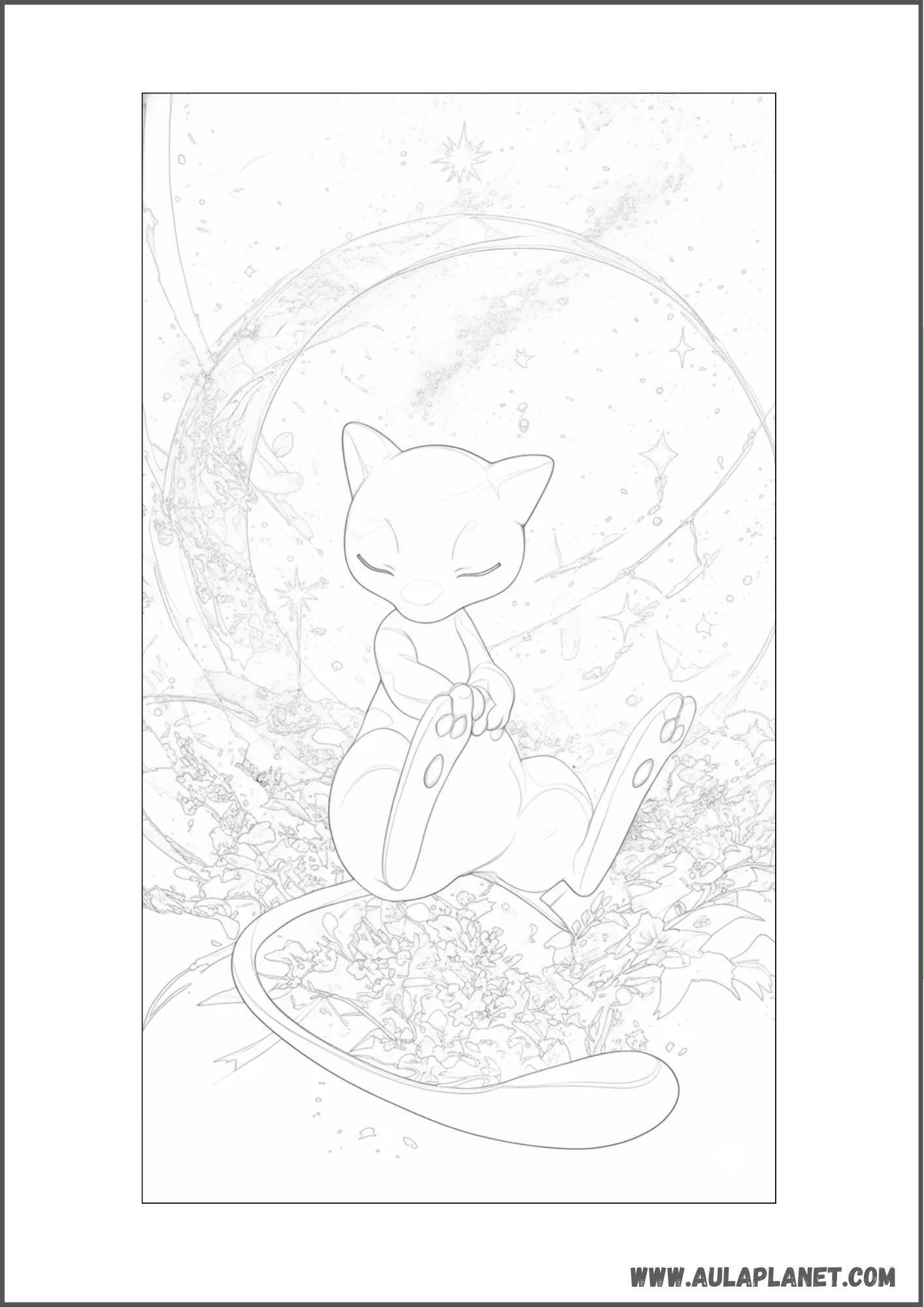Dibujo de Mew descansando entre flores y estrellas para colorear