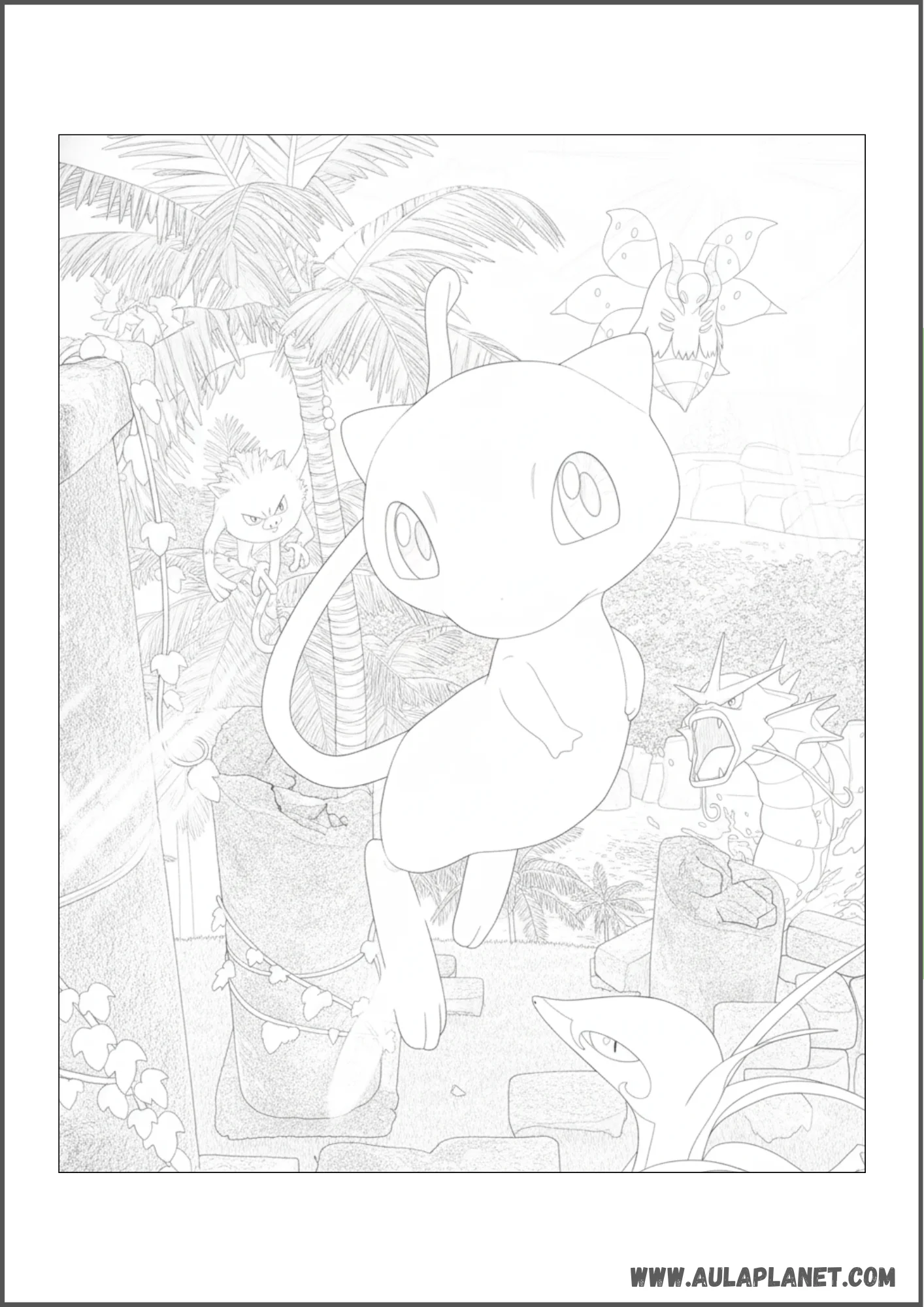 Dibujo de Mew explorando unas ruinas Pokémon para colorear