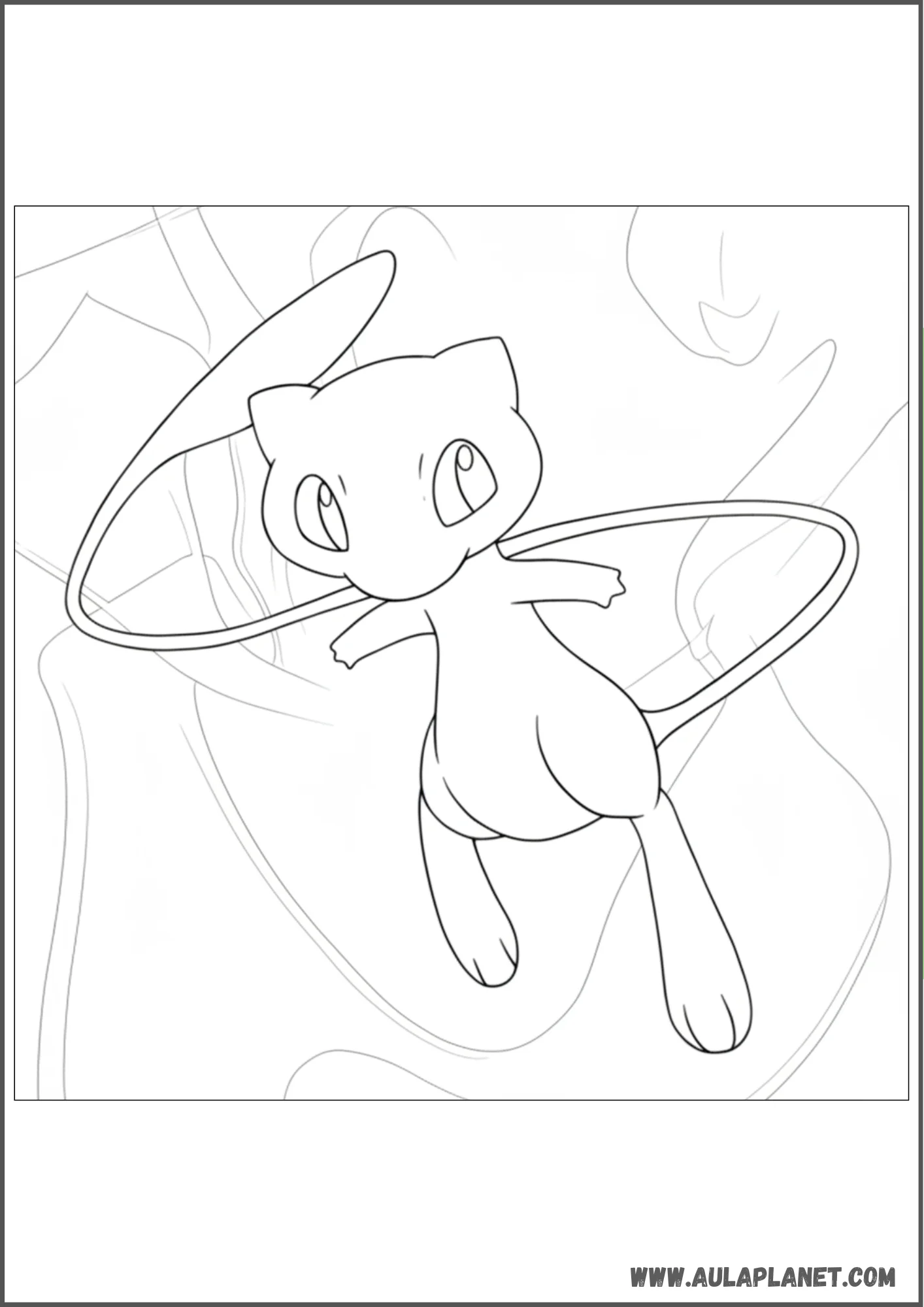Dibujo de Mew flotando entre formas abstractas para colorear