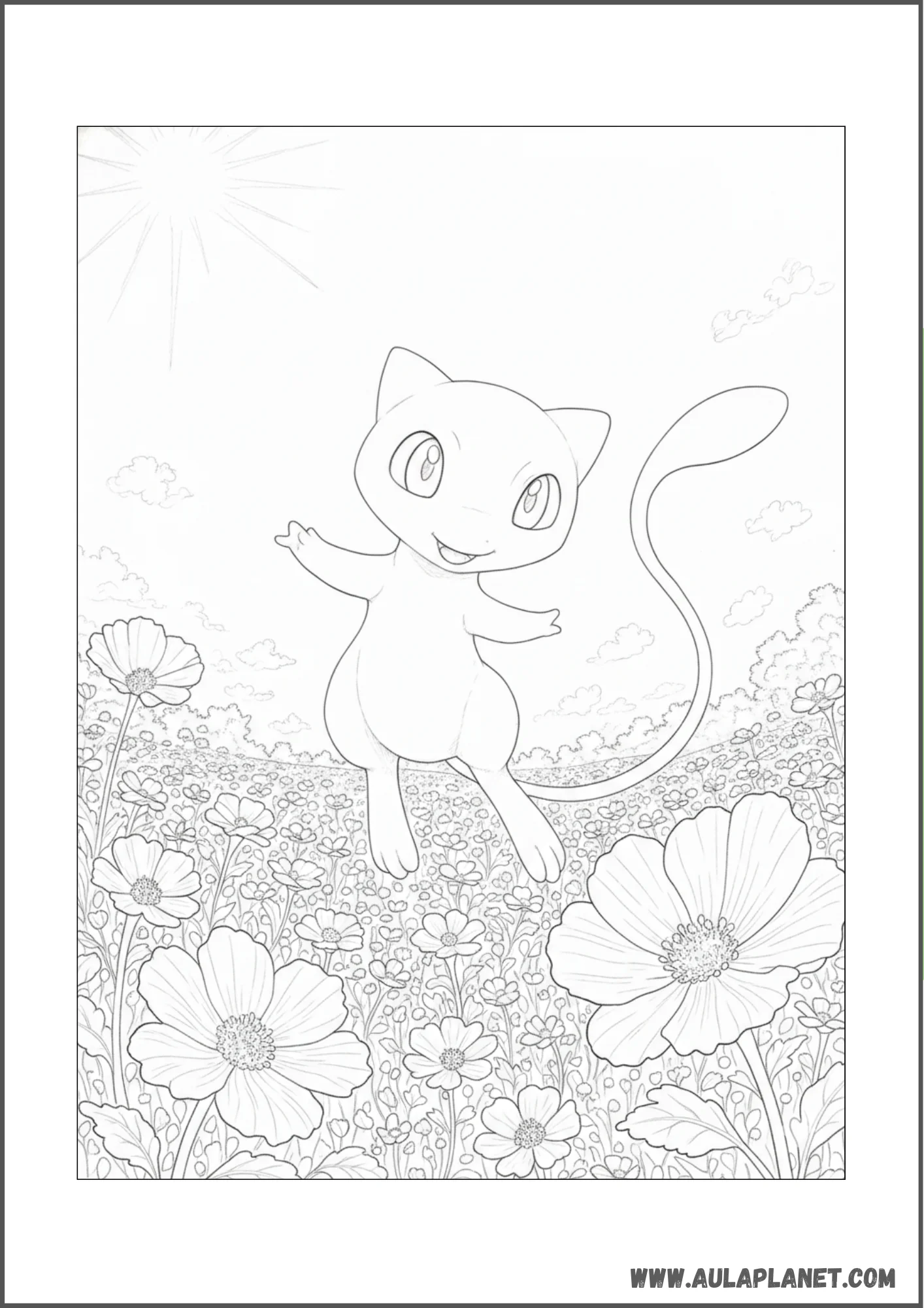 Dibujo de Mew jugando en un campo de flores para colorear