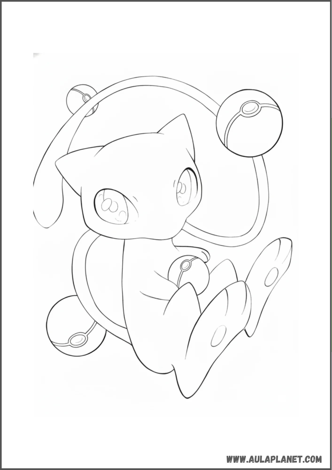 Dibujo de Mew kawaii con Poké Balls para colorear