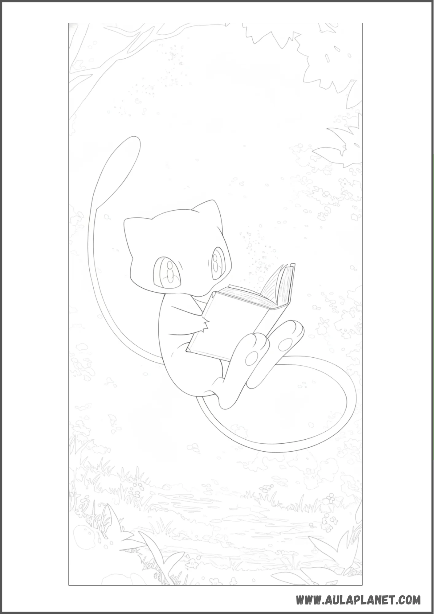 Dibujo de Mew leyendo un libro en el bosque para colorear