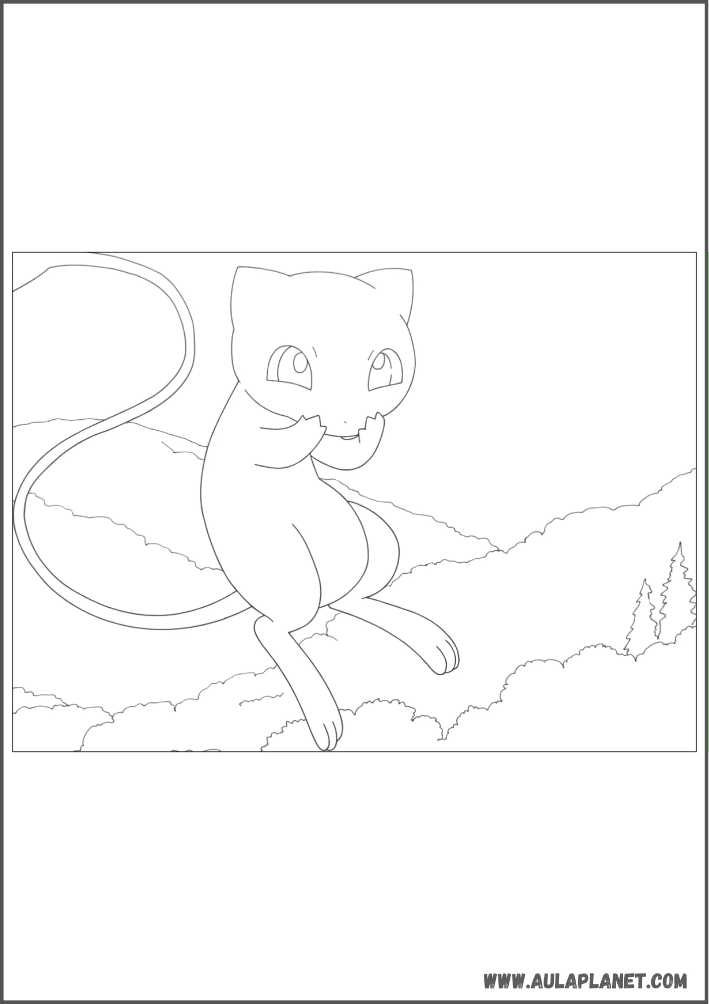Dibujo de Mew sentado entre las montañas para colorear