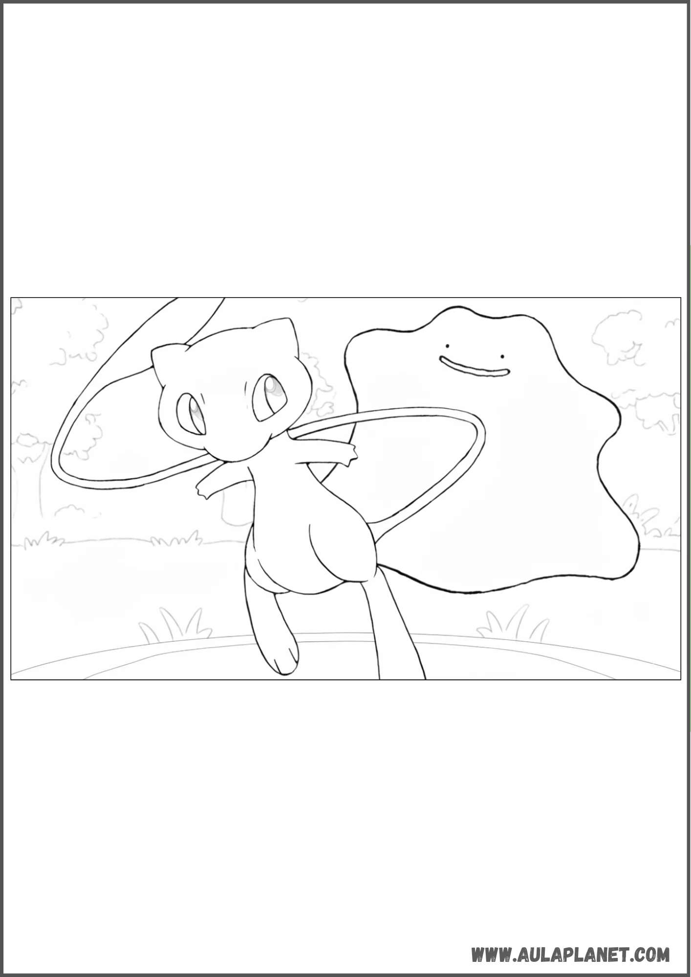 Dibujo de Mew y Ditto juntos en el bosque para colorear